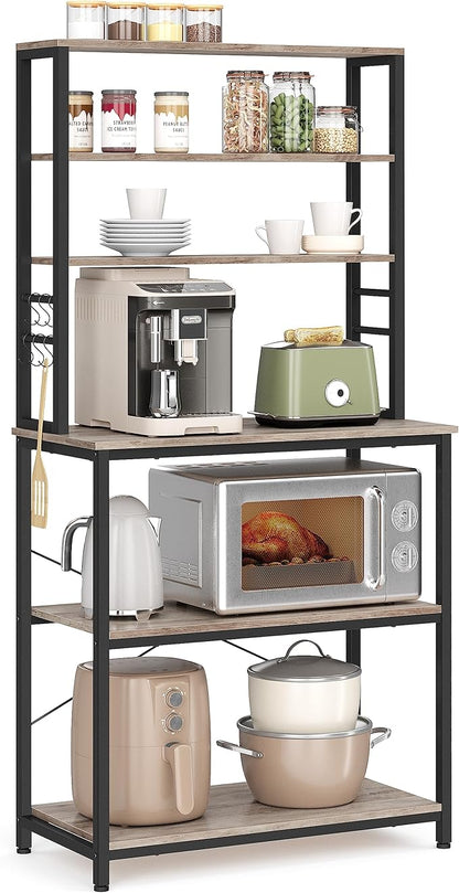 VASAGLE Coffee Bar, 31.5 Inches Baker's Rack for Kitchen with Storage, 6-Tier Kitchen Shelves with 6 Hooks, Microwave Stand, Industrial, Greige and Black UKKS019B02