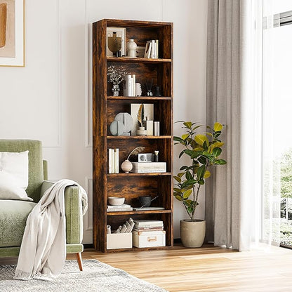 6-Tier Book Shelf, Floor Standing Open Bookcase, Wooden Display Storage Shelves with Anti-Tipping Device, 71" Tall Bookshelf for Bedroom, Living Room and Office, Brown