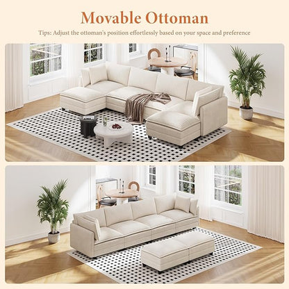 Vesgantti 143" U Shaped Sectional Modular Couch, Comfy Corduroy Upholstered Modular Cloud Sofas for Living Room, Modern Sectional Sofa with 2 Ottoman Deep Seat, Beige