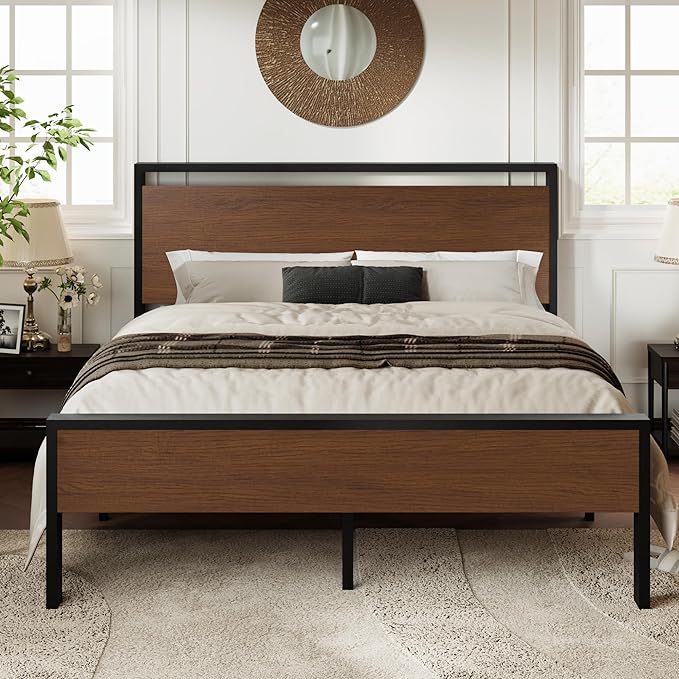 Allewie Queen Size Platform Bed Frame with Wooden Headboard and Footboard, Heavy Duty 12 Metal Slats Support, No Box Spring Needed, Under-Bed Storage, Noise Free, Easy Assembly, Walnut