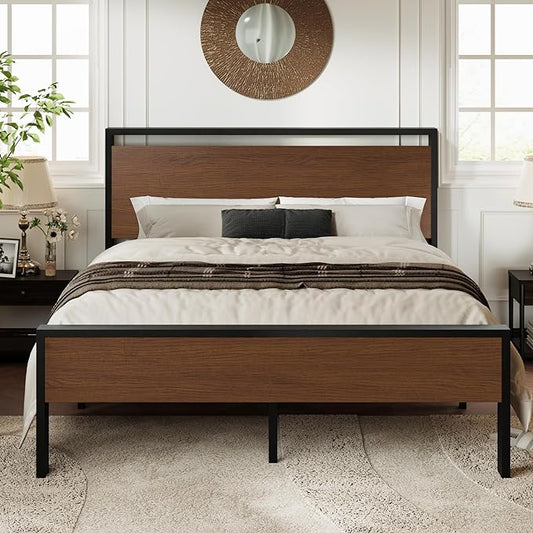 Allewie Queen Size Platform Bed Frame with Wooden Headboard and Footboard, Heavy Duty 12 Metal Slats Support, No Box Spring Needed, Under-Bed Storage, Noise Free, Easy Assembly, Walnut