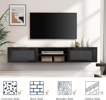 WAMPAT 70" Floating TV Stand with Power Outlet, 2-Tier Wood Media Console Entertainment Center with 2 Rattan Doors, Modern Wall Mounted TV Shelf Cabinet for Under TV, Living Room, Bedroom, Black