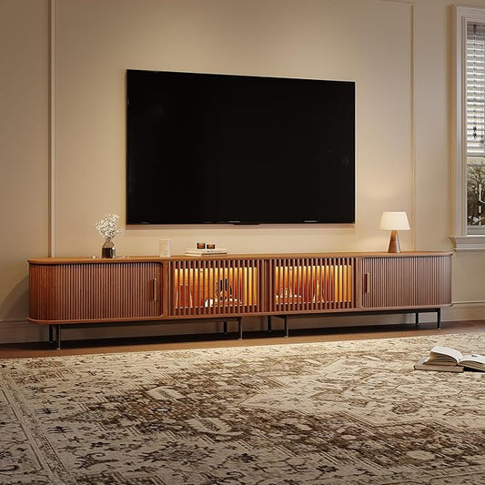 POVISON Sliding Tambour Door TV Stand with LED Lights, Mid Century Modern TV Console, Wood Media Console, Entertainment Center with Storage Cabinet, Fully-Assembled (Walnut, 118.11")