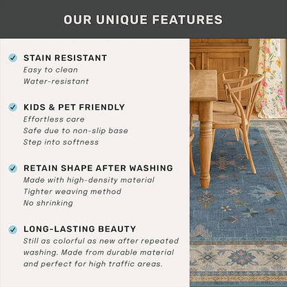 Boho 9x12 Soft Rugs for Living Room - Dark Blue Rugs for Bedroom Aesthetic, Dining Room Under Kitchen Table, Washable Soft Non Slip Large Area Eclectic Unique Décor