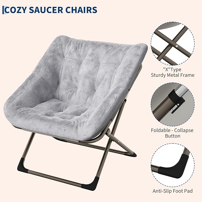 Comfy Chair for Adults, Foldable Living Room Chairs, Soft Faux Fur Folding Lounge for Bedroom Living Room Dorm Rooms, Flexible Reading Chair for Teens (2, Gray, X-Large)