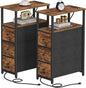 TUTOTAK Narrow Night Stand with Charging Station, Slim End Table with Plugins, Tall Side Table with 3 Fabric Drawer, Small Bedside Table with Storage, Set of 2, Living Room, Bedroom, Brown TB01BB073