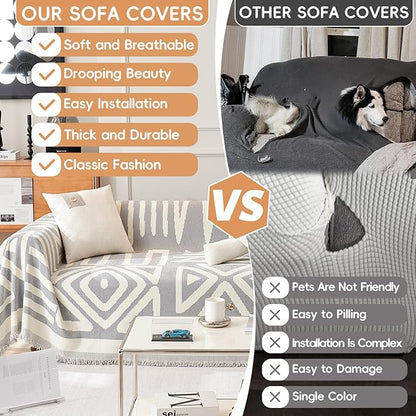 STACYPIK Boho Geometric Couch Cover for Dogs, Soft Chenille Gray Sofa Cover for 2 Cushion Couch, Non-Silp Loveseat Cover for Sectional, Washable Anti-Scratch Pet Furniture Protector Decor-71X118IN