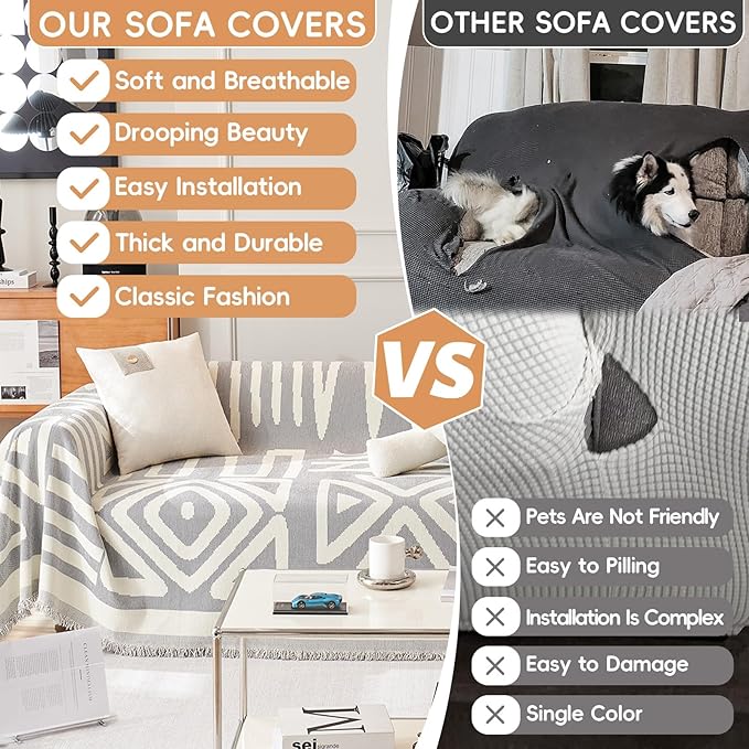 STACYPIK Boho Couch Cover, Chenille Gray Triangle Sofa Cover for 3 Cushion Couch,Non Slip Couch Protector for Dogs Pet-Friendly, Reversible Sectional Cover for L-Shaped, Tassels Throw Blanket-71X150IN