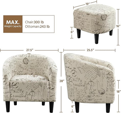 Yaheetech Modren Club Chair with Ottoman, Fabric Accent Armchair with Footstool, Upholstered Barrel Chair and Footrest for Living Room Bedroom Guestroom, Letter Print
