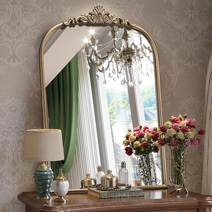 22" x 30" Arched Vintage Gold Mirror for Wall, Antique Bronze Bathroom Mirror with Metal Frame, Ornate Arch Vanity Mirror for Entryway, Mantel, Powder Room