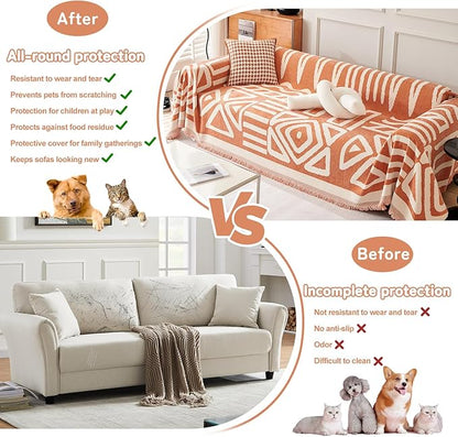 HANDONTIME Orange Sofa Covers for Loveseat & Couch - Soft Chenille, 3 Cushion, Boho Style, Pet-Friendly, Thick & Washable, 91" X150