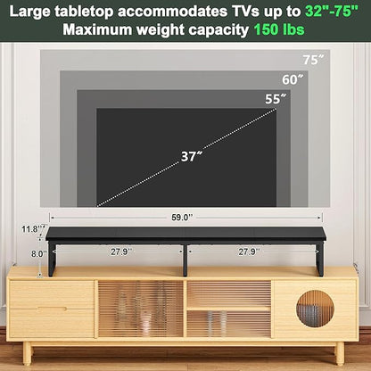 Clikuutory 59" Large TV Riser for 32-75 inch TVs, Tabletop Stand with Steel Legs, Storage & Dual - Screen Office Desk Function, Ideal for Home Office, Bedroom, Living Room, Black
