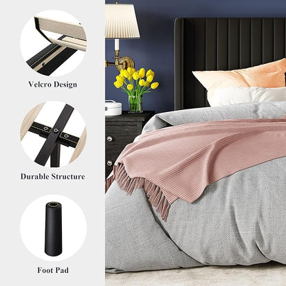 Allewie Queen Size Velvet Bed Frame/Vertical Channel Tufted Wingback Headboard/Upholstered Platform Bed/Strong Wooden Slats/No Box Spring Needed/Easy Assembly/Black