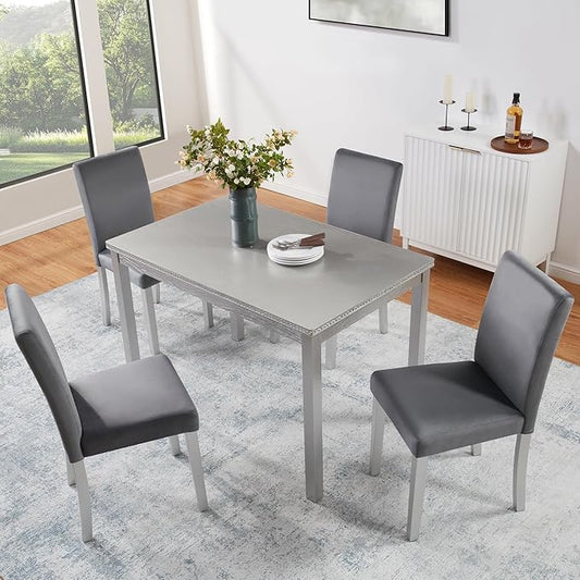 KEIKI 5-Piece Standard Height Dining Table Set with Rectangular Table and 4 Upholstered Chair, for 4 Person, Crystal Decoration Wooden Table Set, Easy Assembly, for Kitchen, Dining Room, Silver Grey