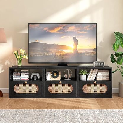 3-in-1 Modular TV Stand with Rattan Doors, DIY Media Console Boho Entertainment Center Modern TV Cabinet with Open Shelves,Black