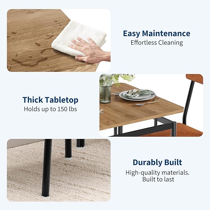 IDEALHOUSE 3 Piece Dining Room Table Set, Kitchen Table Set for 2 with Brown Wooden Grain Kitchen Table and 2 PU Upholstered Metal Chairs, Dining Room Set for Small Space,Home Dinner(2 Brown Chairs)