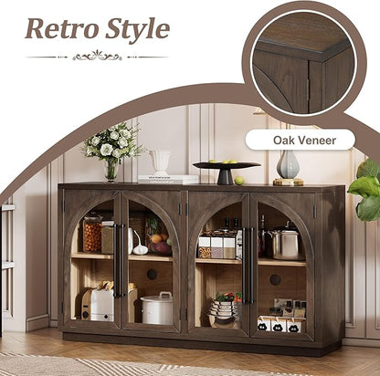 Merax Wood Farmhouse Buffet Sideboard with Adjustable Shelves and 4 Glass Doors, Coffee Bar Cabinet TV Stand for Living Room Bedroom Kitchen Espresso