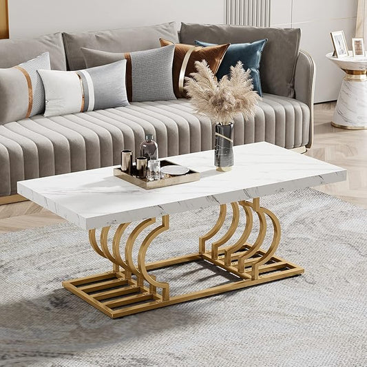 Tribesigns Modern Coffee Table, 47 Inch Faux Marble Cocktail Table with Geometric Frame, Rectangular Center Table Tea Table Accent Furniture for Living Room, Simple Assembly (White/Gold)