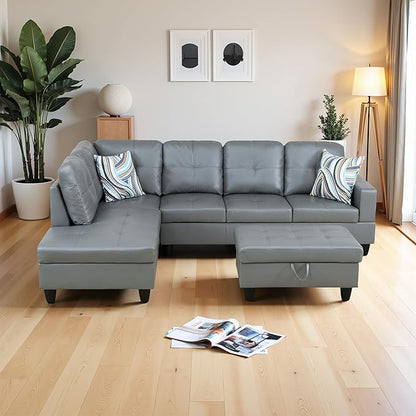Osparple L Shaped Couch PU Leather Sectional Couches for Living Room Upholstered 3 Pieces Modular Sectional Sofa with Chaise, Ottoman with Storage for Living Room and Small Apartment, Dark Grey