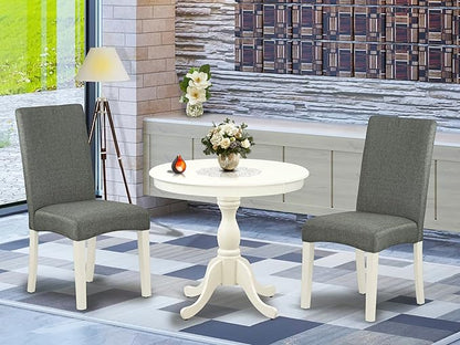 East West Furniture AMDR3-LWH-07 3 Piece Dining Table Set for Small Spaces Contains a Round Kitchen Table with Pedestal and 2 Gray Linen Fabric Upholstered Chairs, 36x36 Inch, Linen White