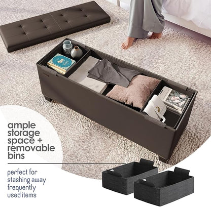 STORAGEBUD Storage Ottoman Bench with Bins, 43-in Storage Bench for Bedroom End of Bed, Folding Foot Rest Ottoman for Living Room Max 660lbs, Faux Leather Ottomans, Brown