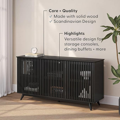 Plank+Beam Mid-Century Modern Wood TV Stand, Three Door Solid Wood Entertainment Console with Storage, 59" L x 16" W x 30" H, Black