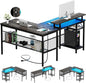 L Shaped Computer Desk with Magic Power Outlets and Smart LED Light, Reversible Office Corner Desk with Ergonomic Monitor Stand, Large Gaming Table with Storage, Sleek Grid Design, Black Oak