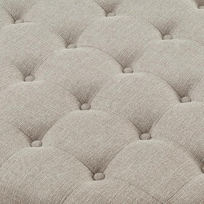 24KF Upholstered Round Coffee Table with Wooden Shelf, Tufted Button Large Round Ottoman with Spindle Wooden Legs, Linen Large Footrest Ottoman Pouf for Living Room, Linen
