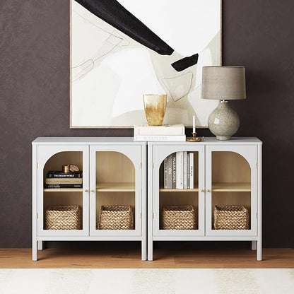 Nathan James Mason Wood Storage Cabinet Accent Sideboard Buffet Credenza TV Stand with Glass Doors and Adjustable Shelf for Dining Room, Entryway or Living Room, Clear Glass/White/Light Oak, Set of 2