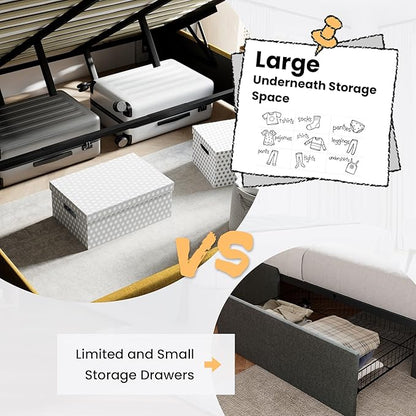 SHA CERLIN Full Size Lift Up Storage Bed/Modern Wingback Headboard/Upholstered Platform Bed Frame/Hydraulic Storage/No Box Spring Needed/Wood Slats Support/Olive Yellow