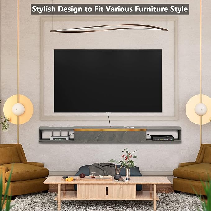 Floating TV Stand, 63'' Wall Mounted Entertainment Center TV Media Console, Floating Shelves with Door, Floating TV Cabinet Large Storage TV Bench for Living Room (Dark Grey, 62.99IN)