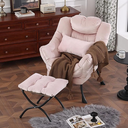 Lazy Chair with Ottoman, Modern Accent Chair with Lumbar Pillow, Comfy Chairs with Folding Footrest for Bedroom, Reading, Oversized Supportive Lounge Chairs(Velvet Pink)