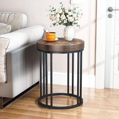 LITTLE TREE Round End Table, Industrial Side Table Small Accent Table, Metal Circle C Table Bed Side Table for Living Room Sofa Side Couch, Bedroom, Easy Assembly, Space Saving (Brown, 1PC)