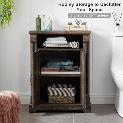 24" Farmhouse Storage Cabinet with Barn Doors, Dark Rustic Oak Freestanding Sideboard Buffet with Adjustable Shelf, Pantry Hutch Coffee Bar for Kitchen Bathroom Living Room - Small Floor Cabinet