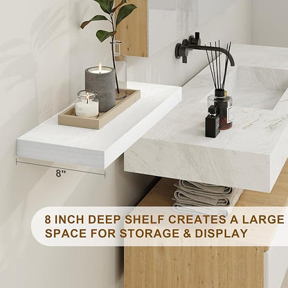 Fun Memories Deep White Floating Shelves, 8 Inch Deep Floating Shelf for Wall, Rustic White Wall Shelves 55 Inch Long, Large 55 x 8 Storage Shelves for Living Room, Bedroom, Kitchen