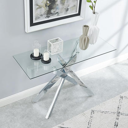 Modern Style Console Table Narrow Sofa Table with Tempered Glass Top and Metal Tubular Legs, 45" Lx18 Wx30 H, Silver