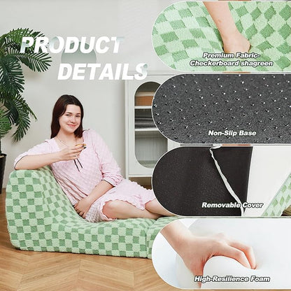 Bean Bag Chair with Checkerboard Shaker Fleece Fabric, Folding Sofa Bed, Floor Sleeper Lounge Chair, Lazy Sofa for Living Room, Bedroom, Apartments (Mint Green)
