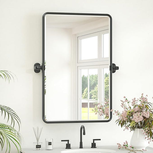 Keonjinn Black Pivot Mirror Bathrooms, 20x30 in Tilt Mirror Bathroom for Over Sink, Black Rounded Corner Farmhouse Pivot Rectangle Mirrors, Metal Framed Beveled Bathroom Mirrors (Horizontal/Vertical)