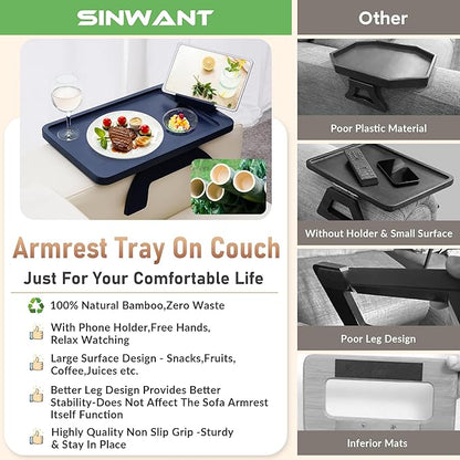 SINWANT Couch Armrest Table, Bamboo Couch Arm Table 360° Phone Holder,Foldable Sofa Arm Tray for Eating Drinking Snacks Remote on Chair Armrest