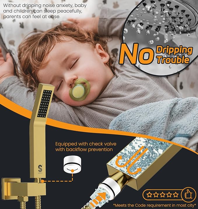 SR SUN RISE Shower Faucets Sets Complete Brushed Gold Square Rain Shower Head with Handheld Spray All Metal Shower Faucet Trim Repair Kits (Contain Shower Valve)
