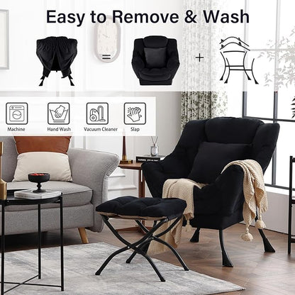 Lazy Chair with Ottoman, Modern Lounge Accent Chair with a Pillow, Leisure Sofa Armchair Set, Reading Chair with Footrest for Living Room, Bedroom, Dorm Room, Office, Velvet Black
