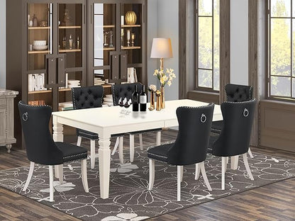 East West Furniture LGDA7-LWH-12 7 Piece Dining Set Includes a Rectangle Kitchen Table with Butterfly Leaf and 6 Polyester Fabric Upholstered Chairs, linen white