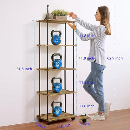 GETALL Tall Bookshelf with Wheels, 5 Tier Solid Wood Bookcase for Small Spaces, Corner Bookshelf Storage Organizer for CDs, Movies, Narrow Movable Shelfing Unit for Bedroom, Living Room