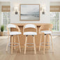 Shelly Modern Bar Height Swivel Stool in Patterned Oak Finish with White Faux Leather Upholstered Seat Set of 3