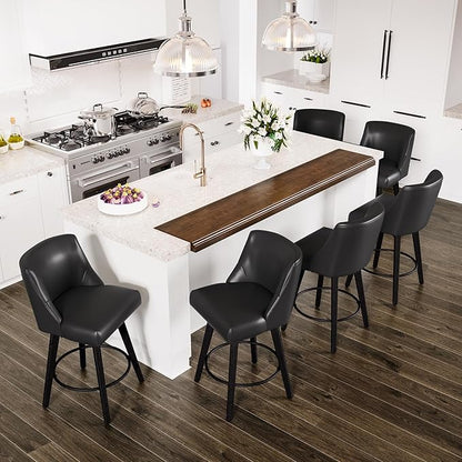 Counter Height Swivel Bar Stools Set of 6, 26 Inch Bar Stools with Footrest, Faux Leather Upholstered Barstools with Back and Solid Wood Legs for Kitchen Island, Dining Room,Pub,Black