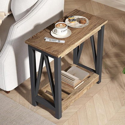 ChooChoo Farmhouse End Table Set of 2, Rustic Vintage Narrow End Side Table with Storage Shelf for Small Spaces for Living Room, Bedroom Rustic Oak & Black