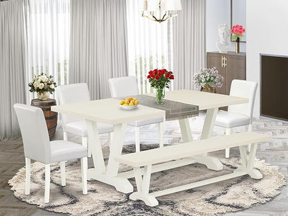 East West Furniture V027AB264-6 6 Piece Dining Set Contains a Rectangle Dining Room Table with V-Legs and 4 White Faux Leather Parson Chairs with a Bench, 40x72 Inch, Multi-Color