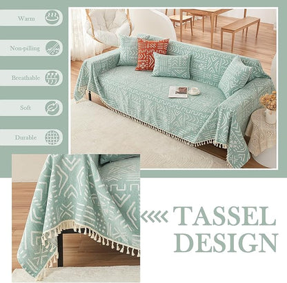 HANDONTIME Farmhouse Couch Cover Tassel Light Green Sofa Covers for Dogs Boho Décor Geometric Aztec Couch Cushion Cover Sofa Protector Cover Sectional Couch Covers for 3 Cushion Couch, 71" X150"