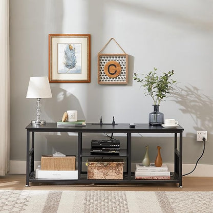 VECELO TV Stand with Power Outlets for Televisions up to 55 Inch, 47" Media Entertainment Center with Charging Station 3-Tier Open Storage Shelves with Metal Frame for Living Room/Bedroom，Black