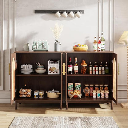 Tribesigns Set of 2 Rattan Sideboard Buffet Cabinet with Storage, 59 Inch Accent Cabinet for Dining Room, Living Room, Kitchen, Rattan and Dark Brown